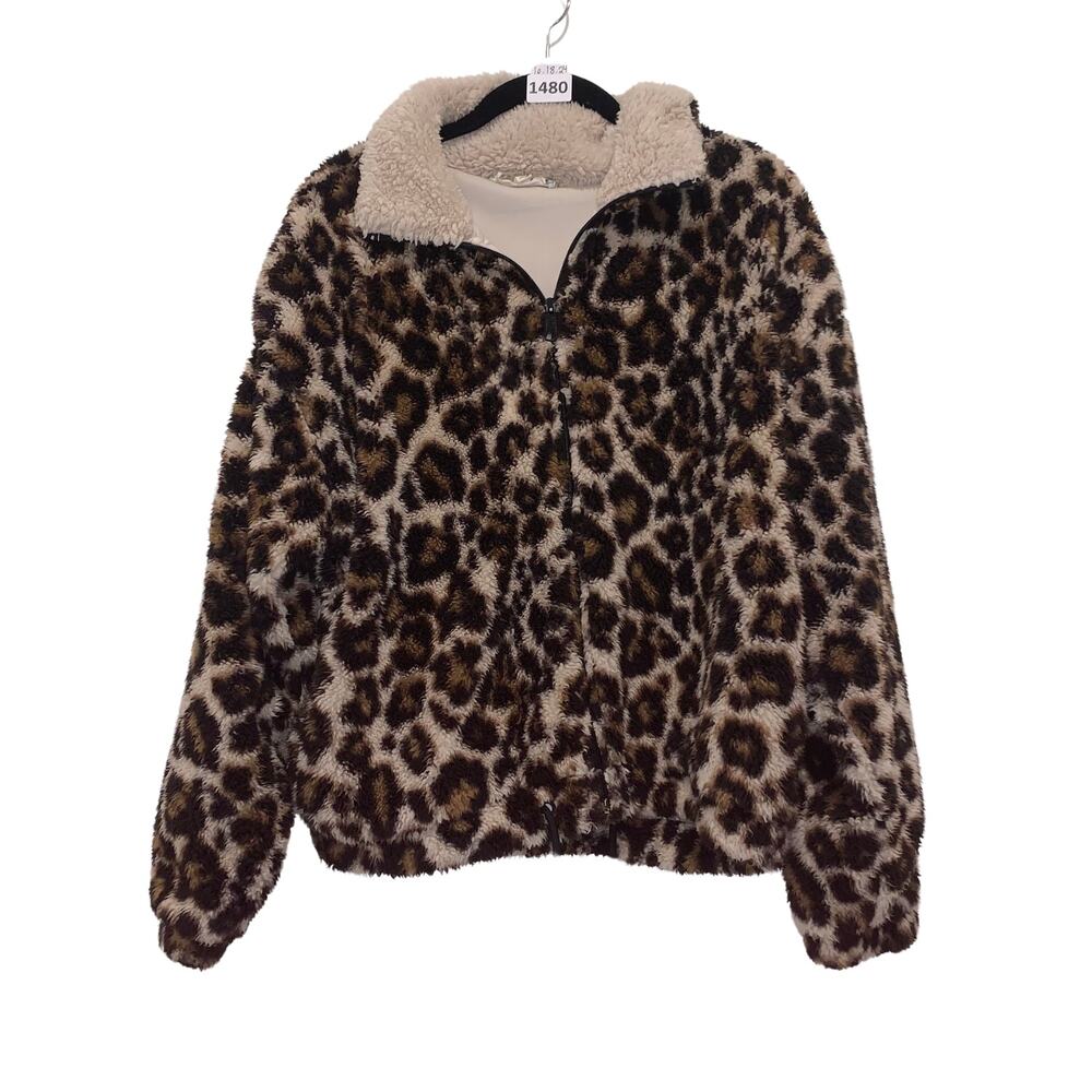 Pink Rose, Women's Leopard Print Fleece Jacket, Sherpa Collar, Size L